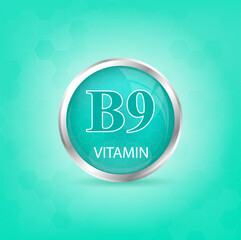 Vitamin B9 icon structure light green substance. Personal care, beauty concept. Medicine health symbol of thiamine. Drug business concept. Vector Illustration 3D Vitamin complex with chemical formula