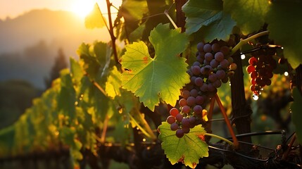 Organic vineyard at dawn, eye-level shot of grapevines bathed in morning light, dew-kissed leaves...