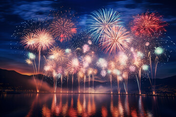 fireworks over the river happy new year day - obrazy, fototapety, plakaty