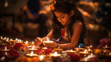 Happy diwali celebration. Little Indian girl holding traditional diwali diya oil lamp. Traditional diya lamps lit during diwali celebration