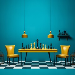 Yellow chairs and chessboard on blue wall background. 3D Rendering