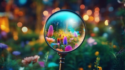 Fototapeta na wymiar Research in Botany, plant science, plant biology or phytology. Study agriculture and horticulture. magnifying glass on bright nature plant background