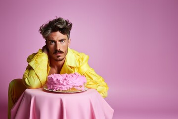 handsome man in yellow jacket sitting at table with cake on pink background