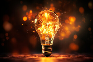 Light bulb on dark background, concept of creativity. - obrazy, fototapety, plakaty