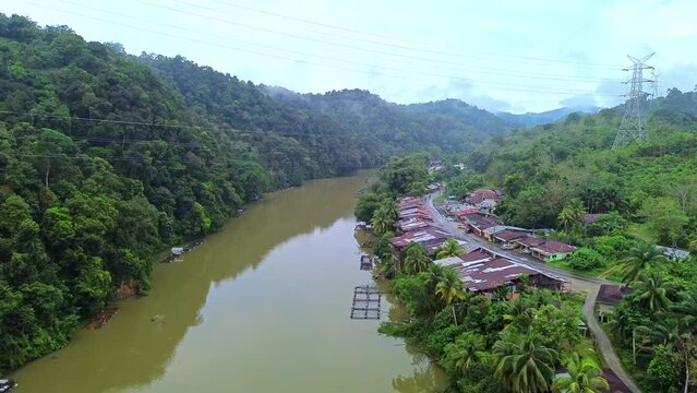 Aerial 4k video of Siak River in Sumatra, Indonesia