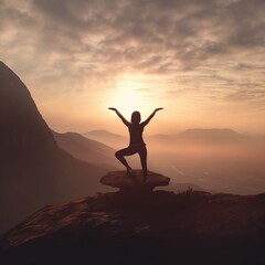 Fototapeta na wymiar Woman practicing yoga and meditation on a mountain at sunset or sunrise. Woman on top of a mountain