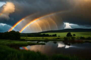 Naklejka premium rainbow over the lake Generated Ai