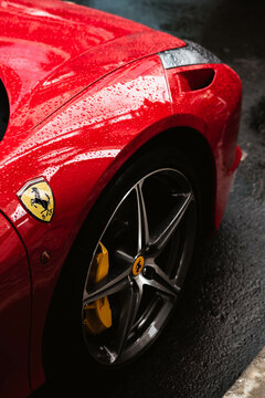 Rosso Corsa Red Ferrari 458 wheel focused shot, scuderia ferrari badge in focus - High Resolution Image