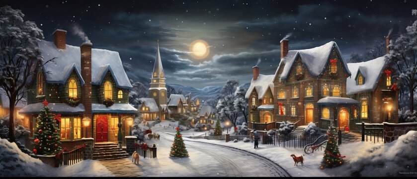 Snowy landscape with pine trees and festive decorations in a cozy village during Christmas season