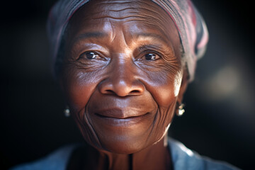 Smiling elderly black woman. Old person. AI.