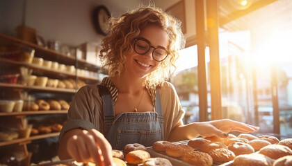 Young woman in cute cozy pastry shop buying bread and cake. A beautiful young woman looks at a glass showcase with sweets. Smiling blonde copy space - obrazy, fototapety, plakaty