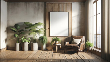 Elegant interior with warm wooden accents, lush greenery, and sunlit ambiance, poster mock-up for design presentation