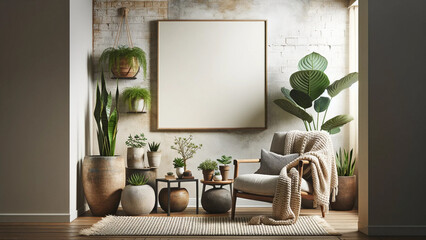 Chic urban living space with rustic wall, greenery ambiance and contemporary furnishings, poster mock-up for design display