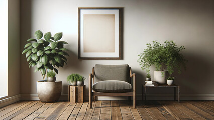 Minimalistic interior with large blank framed poster mock-up, elegant wooden armchair with textured cushion, wooden flooring, selection of vibrant potted green plants, interior design concept