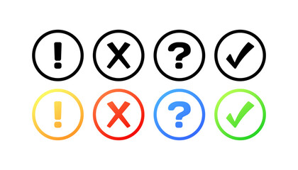 Sign icons. Different styles, color, exclamation mark, cross, question, tick, different signs. Vector icons