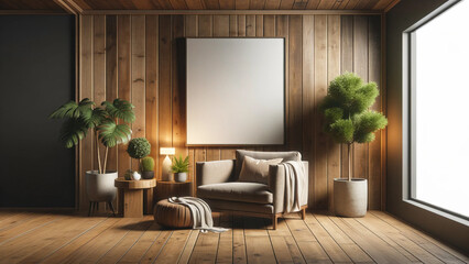 Cozy rustic interior with large blank framed poster, comfortable beige sofa adorned with throw and cushion, ambient lighting, variety of potted green plants, interior design concept