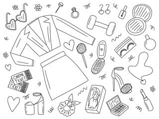 Doodle barbiecore hand drawn elements set. Trendy clothes, retro phone, cosmetics and high heels vector set