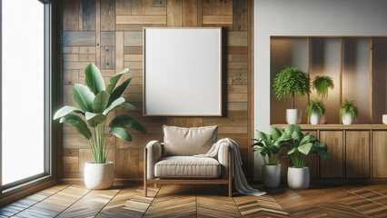 Elegant living space with rich wooden walls, white blank poster mock-up, plush chair adorned with a throw, vibrant indoor plants in contemporary pots, cabinetry with ambient lighting, home design