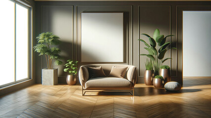 Elegant living area showcasing a play of natural light, featuring a plush beige sofa, assorted green plants in stylish pots, and a blank golden-framed canvas, exemplifying modern luxury and design