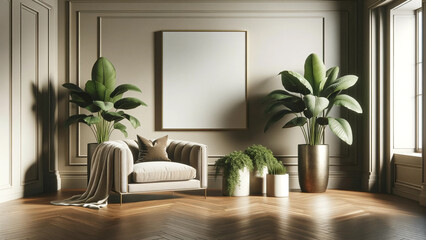 Sophisticated living space highlighted by sunlight, with large green tropical plants, comfy beige couch with draped blanket, and an empty golden-framed canvas, luxury home design concept