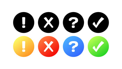Different icons. Different styles, color, exclamation mark, cross, question, tick, different signs. Vector icons