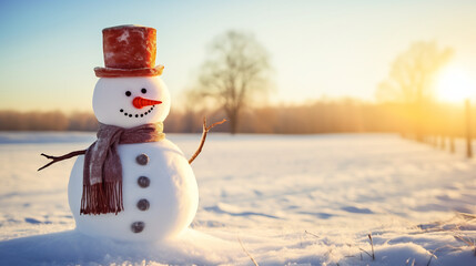 Obraz premium Cute adorable snowman wearing a scarf and hat standing in snow on a sunny winter day