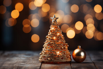 Merry Christmas and New Year holidays background. Blurred bokeh background. Decorated Christmas tree on blurred background. De-focused lights, gold bokeh.