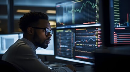 Analyzing prospects, close-up shot of a focused individual surrounded by monitors, displaying real-time market data, showcasing the complexity of financial decision-making.