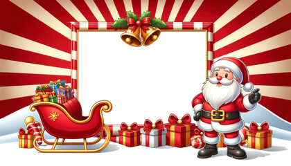 Christmas isolated frame background.  illustration featuring cartoon Santa Claus, his sleigh, gifts, and bells against a red and white striped background. Christmas Png.