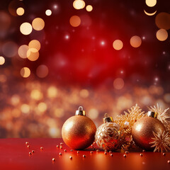 Red Christmas background with golden Christmas baubles