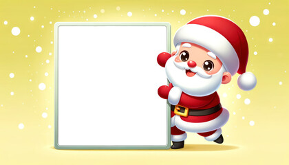 Christmas isolated frame background. Santa Claus peeking playfully from the right middle edge, set against a luminous soft yellow background. Christmas Png.