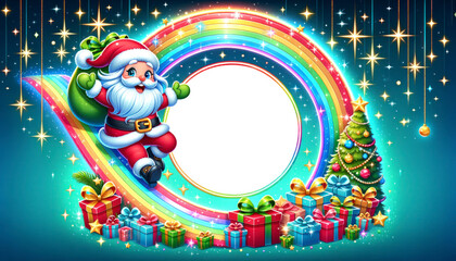 Christmas isolated frame background. Santa Claus sliding down a rainbow with presents against a radiant blue and green gradient backdrop. Christmas Png.