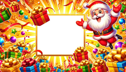 Fototapeta premium Christmas isolated frame background. Santa Claus waving from the right corner, surrounded by bright presents, against a yellow and orange starburst background. Christmas Png.