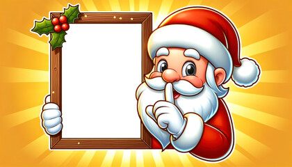 Christmas isolated frame background. Santa Claus, outside the frame, peeking from the right side and making a shushing gesture, set against a yellow-orange gradient backdrop. Christmas Png.