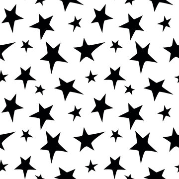 Seamless pattern with black stars. Night sky, space, astronomy background. Kids texture. Nursery prints for textile, apparel, wrapping paper