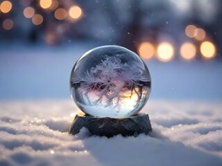 A magical crystal ball sits on snowy ground, surrounded by a wintry landscape. Ideal for winter solstice and Yule ceremonies - Powered by Adobe