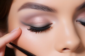 Closed woman's eye with shimmering eyeshadow and very long dark fake eye lashes.