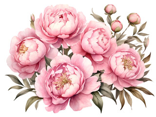 Watercolor pink Peony flowers arrangement in bouquet. Flower elements for decoration. 