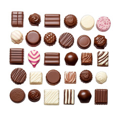 Fototapeta na wymiar Top view of various chocolate pralines isolated on transparent background