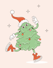 The Christmas tree is in a hurry  on ice skates. On the Christmas tree there is a Santa Claus hat. Cute retro cartoon character in trendy,groovy style. 60-70s style. Merry Christmas and Happy New Year