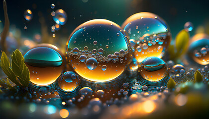 Fantasy background of shiny colorful water bubbles on liquid surface