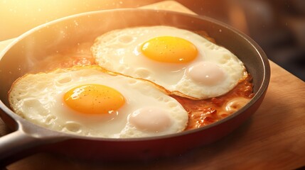 Pan with sizzling yummy fried eggs and melting butter bathed in sunlight filling air with delightful breakfast aroma, creating cozy and homely ambiance, perfect delicious breakfast