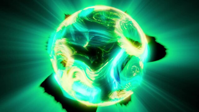 orange-cyan glowing quantum energy sphere with black radiation spkes