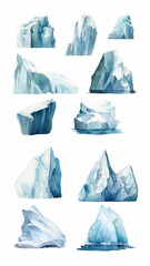 Icebergs set. Watercolor hand drawn illustration. Generative AI.