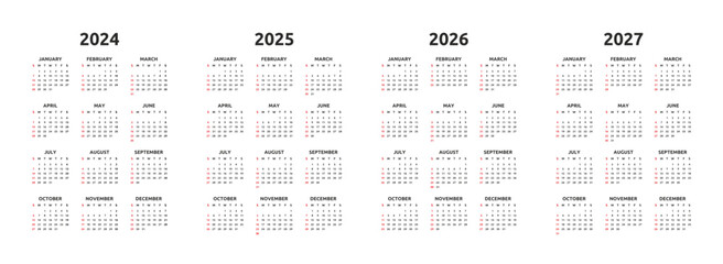 Calendar 2024, 2025, 2026, 2027 years, black letters on white background, sundays marked red, years side by side