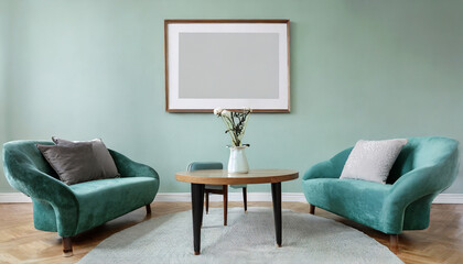 Ellipse table and two chairs near mint sofa against light green wall with art frame poster. Scandinavian, mid-century home interior design of modern living room.