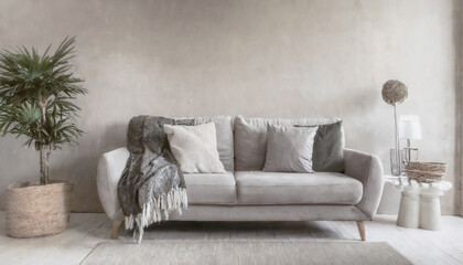 Fabric sofa with grey pillow and blanket against stucco wall wabi sabi home interior design