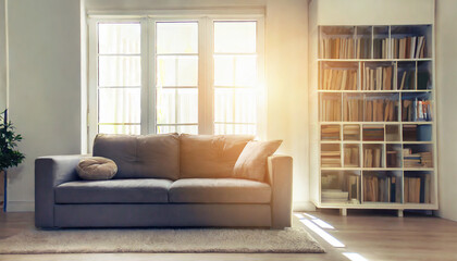 Fototapeta premium Grey sofa against window and book shelving unit. Scandinavian home interior design of modern living room