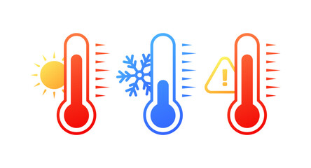 Weather thermometer icons. Flat, color, sunny weather, frost, weather thermometer. Vector icons