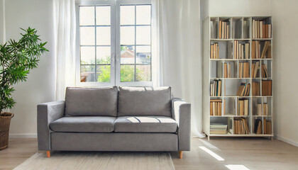 Grey sofa against window and book shelving unit. Scandinavian home interior design of modern living room